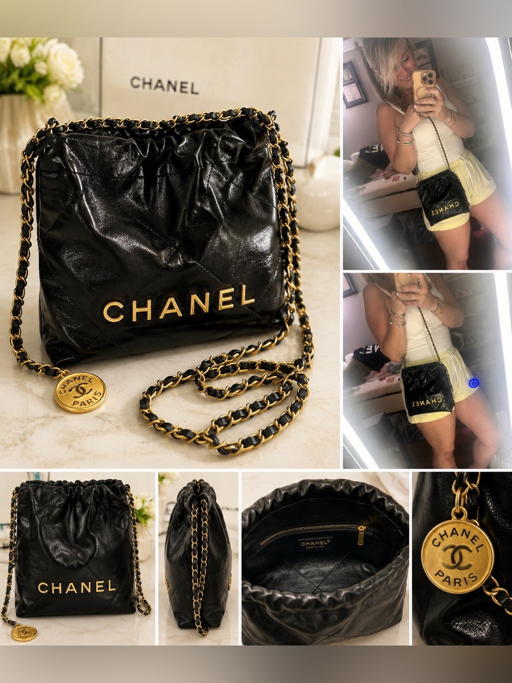 Black Leather Quilted Drawstring Crossbody Bag with Gold Chain
